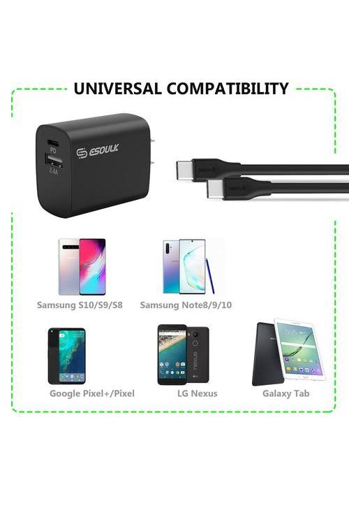 Esoulk Combo 18W Wall Charger PD & USB with 5FT C to C Cable-EC10P-CC